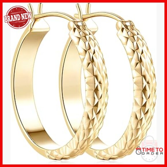 14K Gold Plated Hoop Earrings 25mm Mesh Engraving Clip On